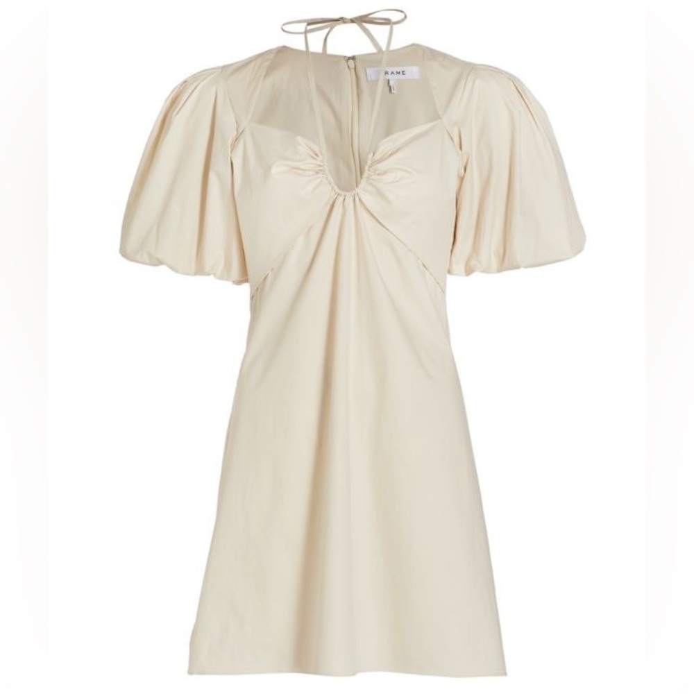 FRAME Puff-Sleeve Tie-Neck Stretch-Cotton Mini Dress